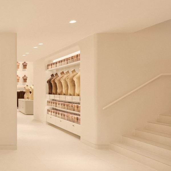 SKIMS NYC flagship envelopes in nude palette by Rafael de Cárdenas