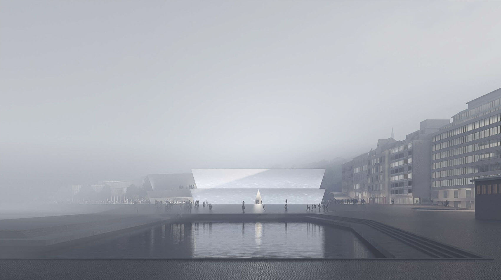 large reflecting pool in front of a whitewashed building