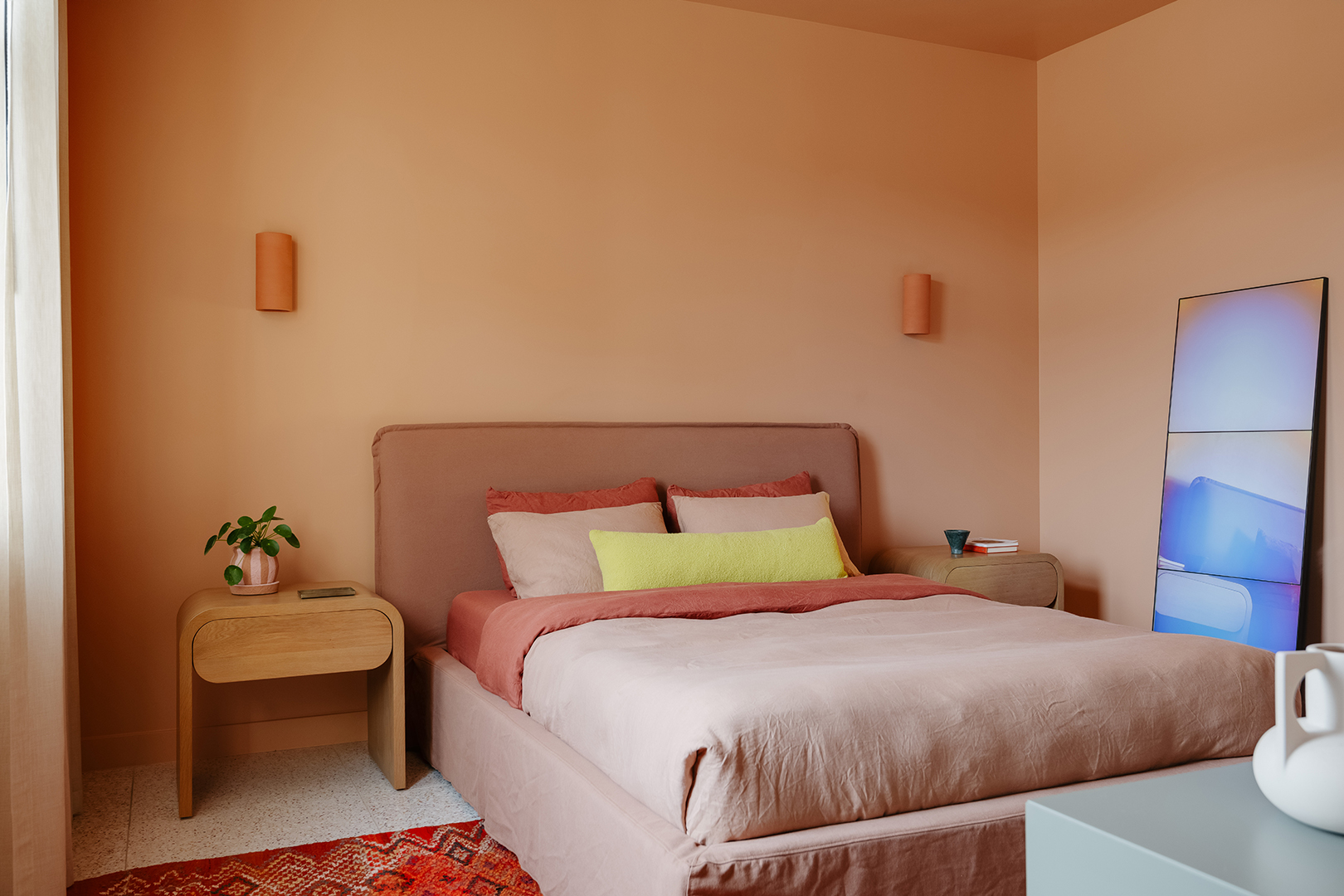 Peach colored bedroom