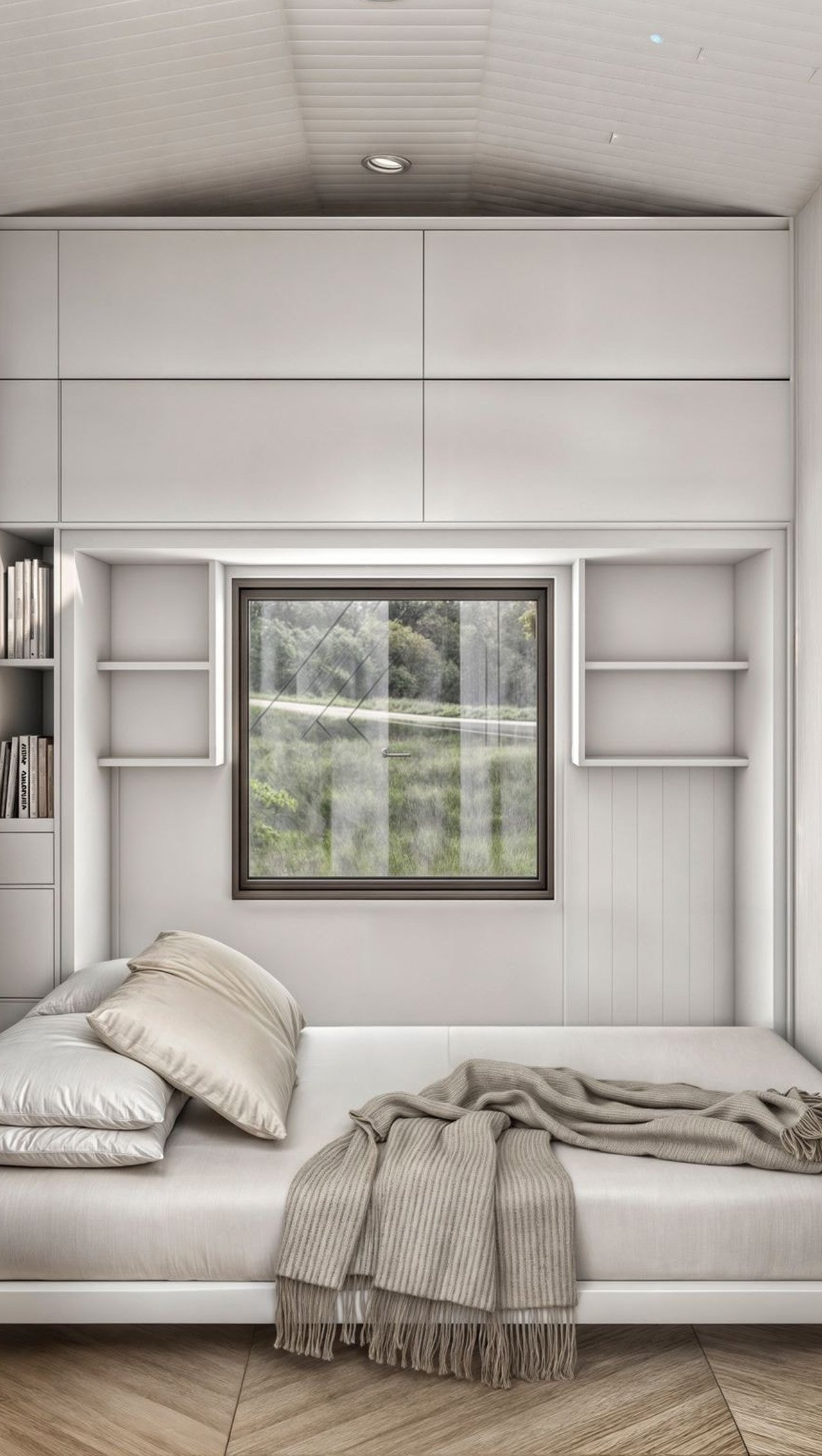 The living room of a self-sufficient tiny home can be converted into a bedroom