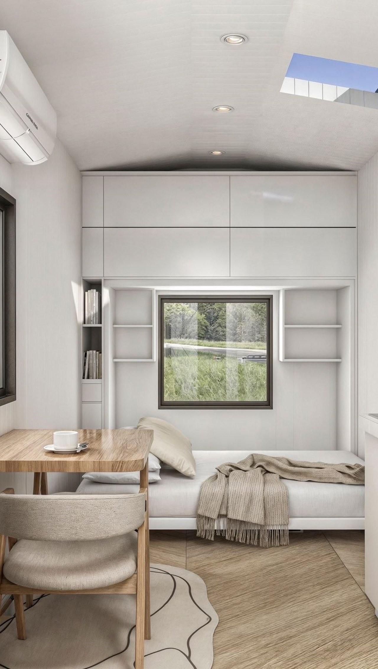 The living room of a self-sufficient tiny home can be converted into a bedroom