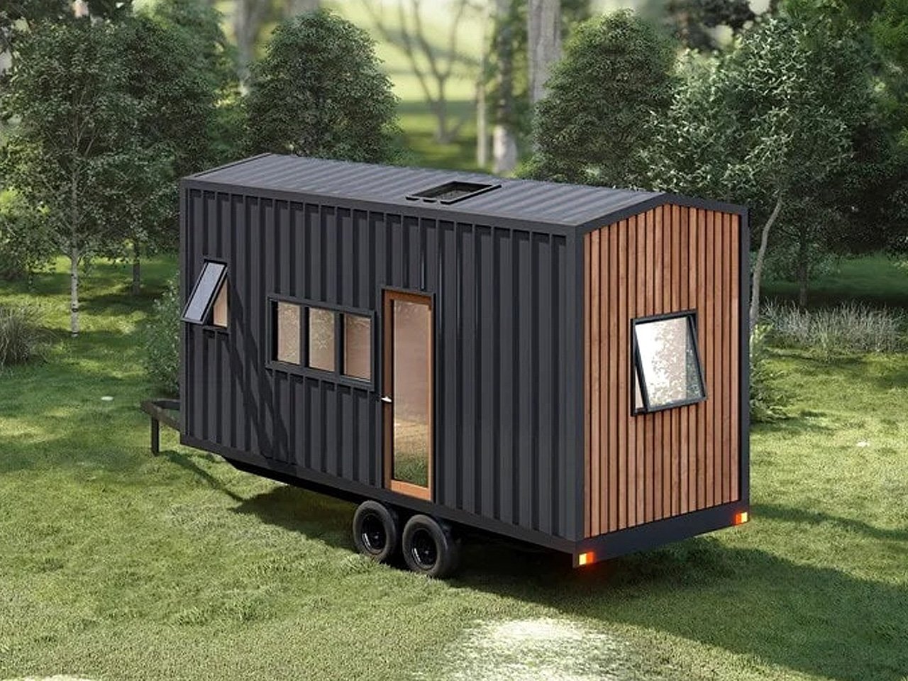 The living room of a self-sufficient tiny home can be converted into a bedroom