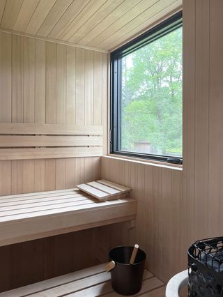 A home sauna made of light wood