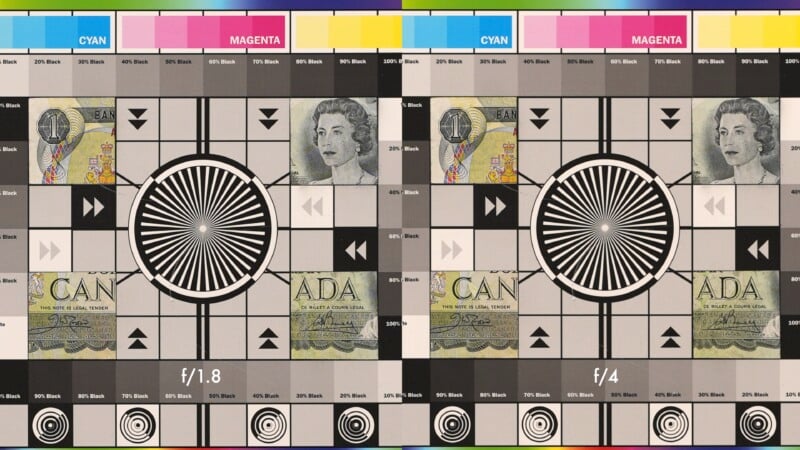 A comparison table showing two test images side by side. Both feature a geometric pattern with color bars at the top. The left image is labeled f/1.8 and the right image is labeled f/4. A Canadian bank note with a woman's face is partially visible.