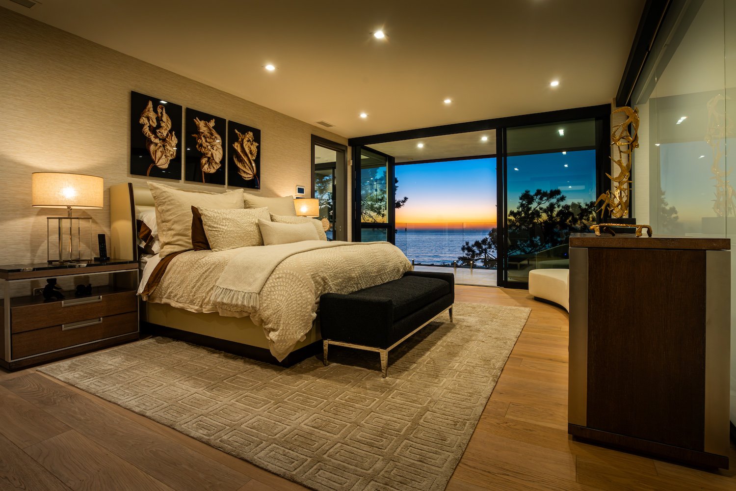 Interior of a luxury San Diego home in Del Mar with a master bedroom with ocean views