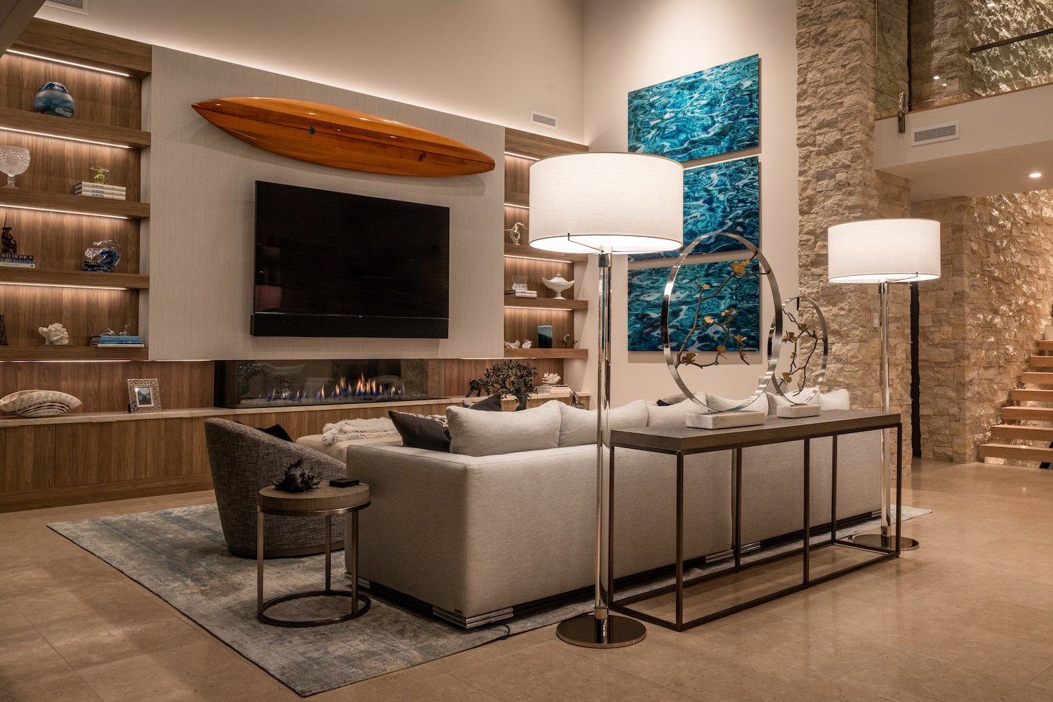 Interior of the luxury San Diego home in Del Mar owned by Kerry and Corrine Marsh with surfboard decoration 