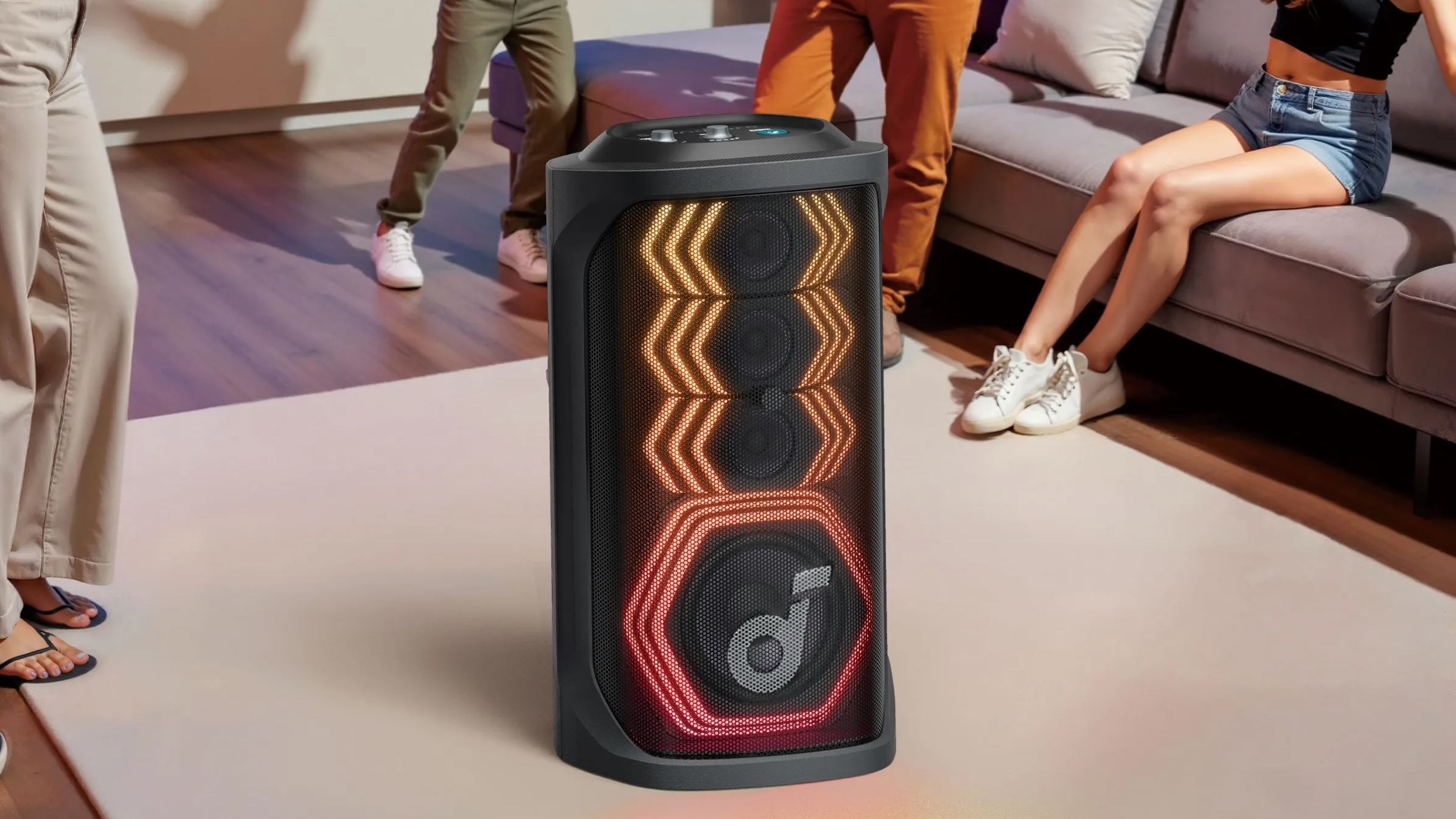 Anker Soundcore Rave 3S speakers in a living room