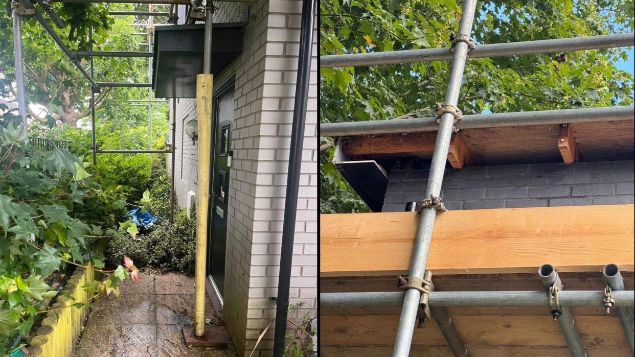 Two pictures of scaffolding on the roof and in front of the front door of Georgina's house