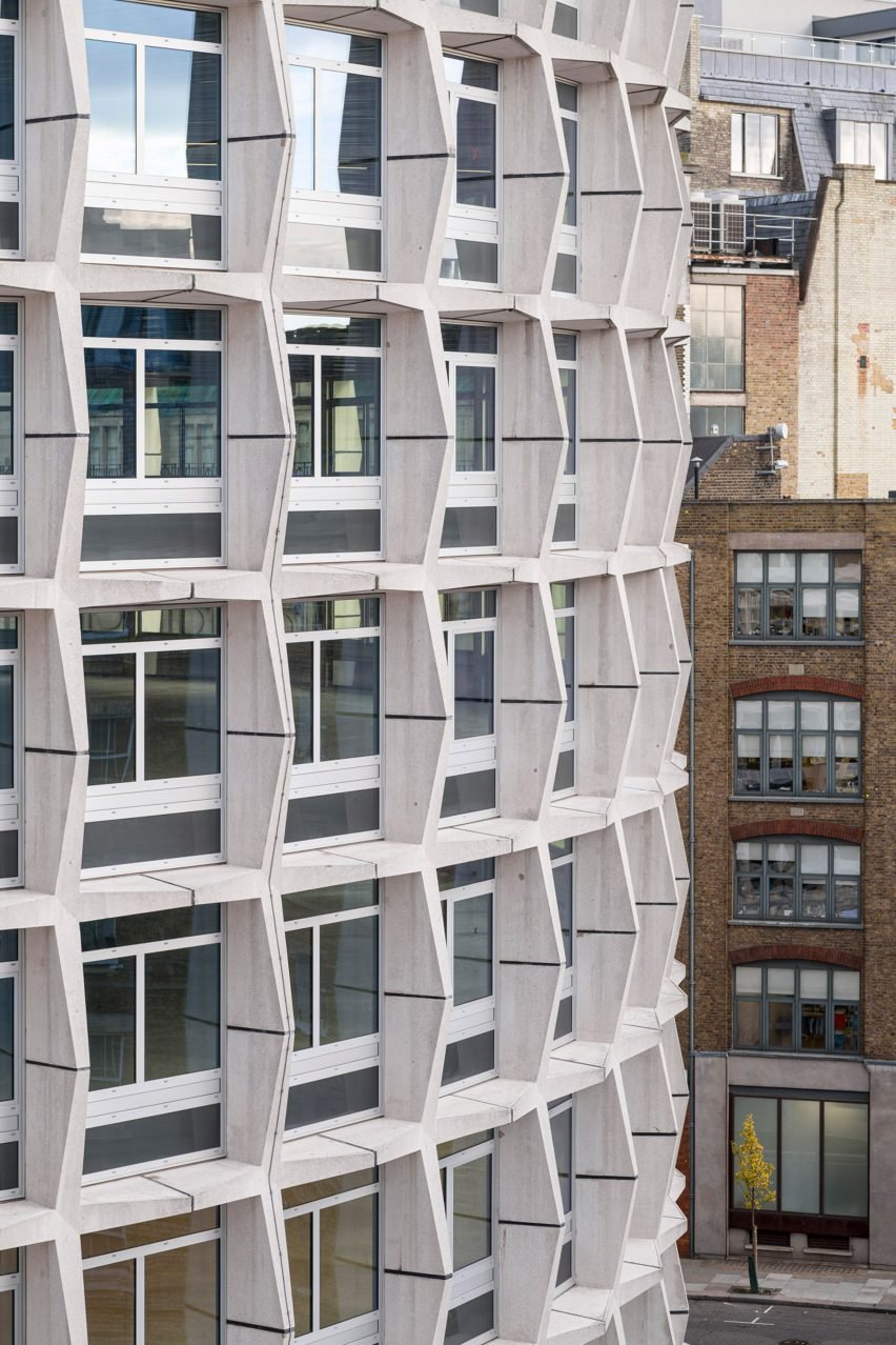 Faceted concrete facade on a London office building