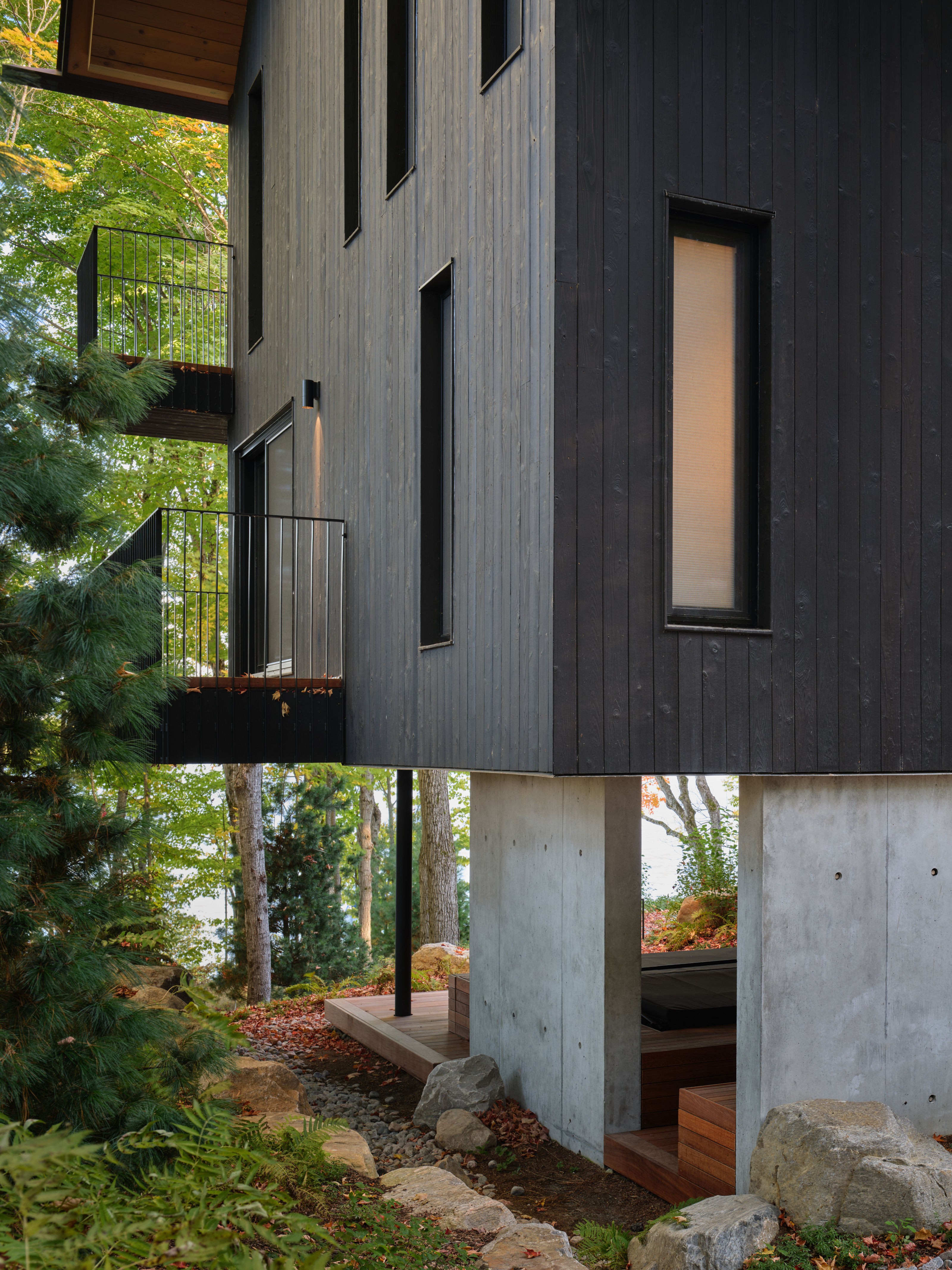 Balconies extend into the surrounding treetops