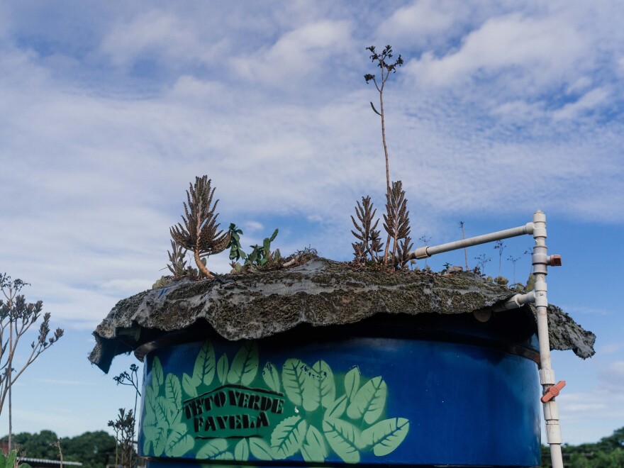 Rio's summer heat, which runs from December to March, is known to melt water tanks. Pictured is the water tank in Luis Cassiano's house. He covered the tank with bidim, a lightweight material suitable for planting and keeping things cool.