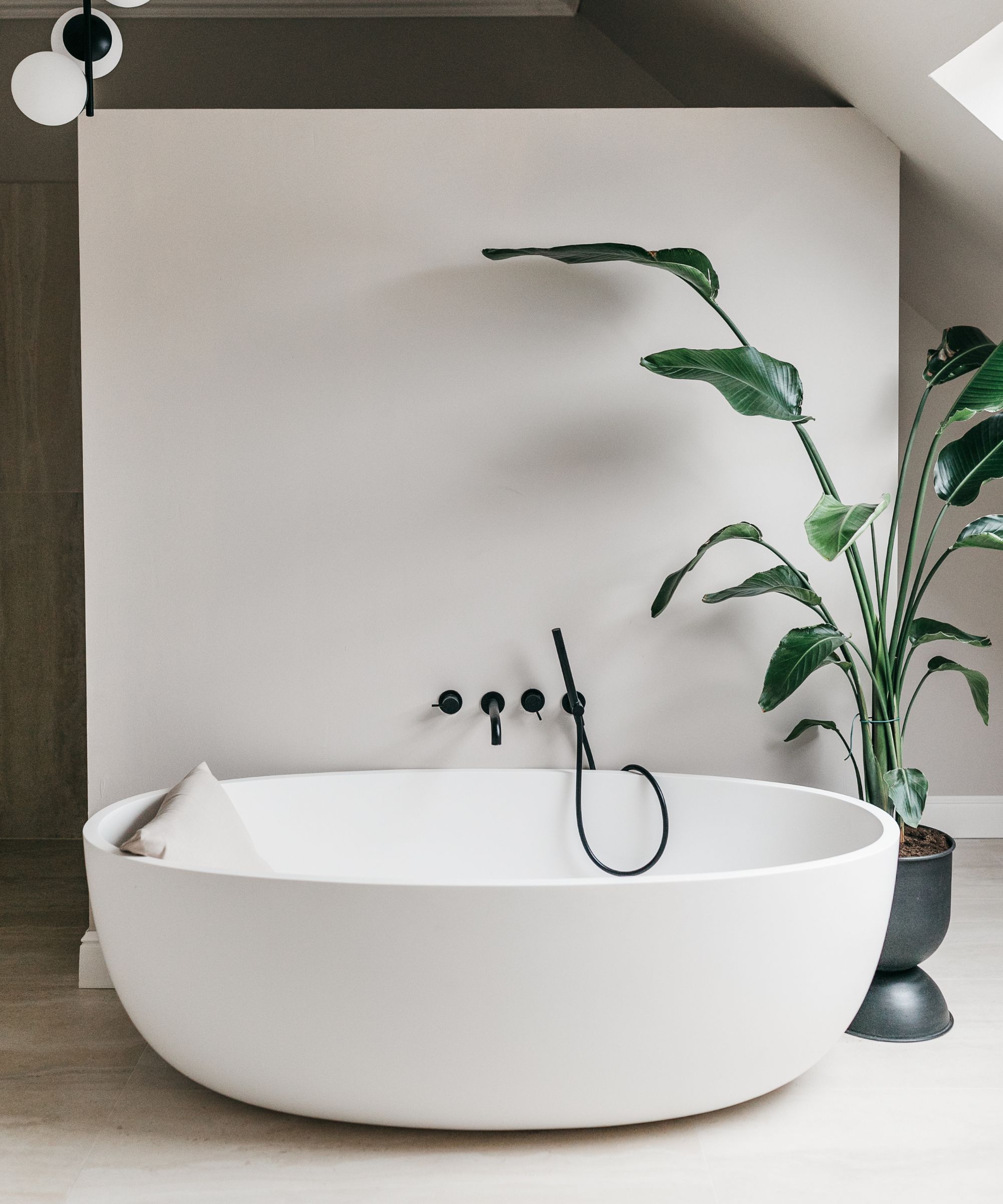 Bathroom with white modern bathroom, large houseplant, black taps and white partition wall