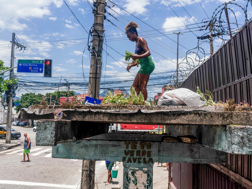 Jessica Tapre repairs a green roof at a bus stop in Benfica, Rio de Janeiro, Brazil.