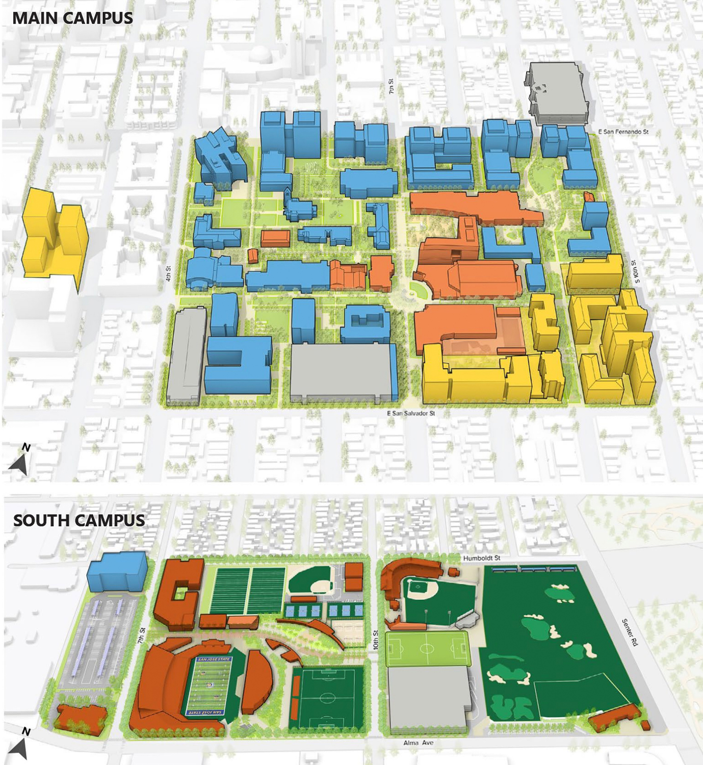 SJSU planned to build on the Main Campus (above) and South Campus (below), setting itself apart from SJSU