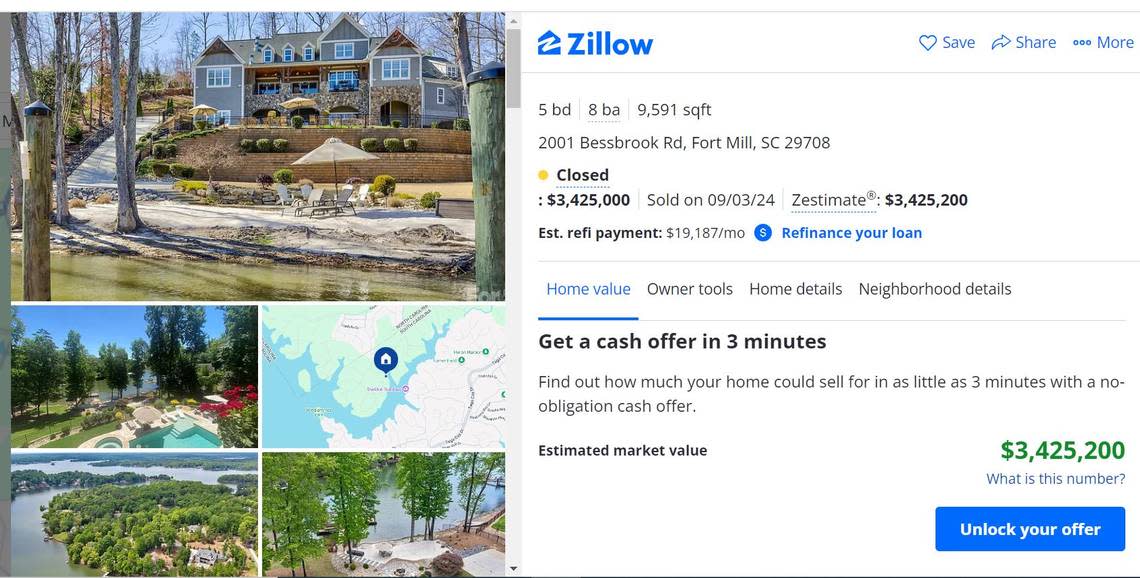 This Zillow listing shows the recently sold Fort Mill home topping the $3 million mark, just the third home sale in the last two years.