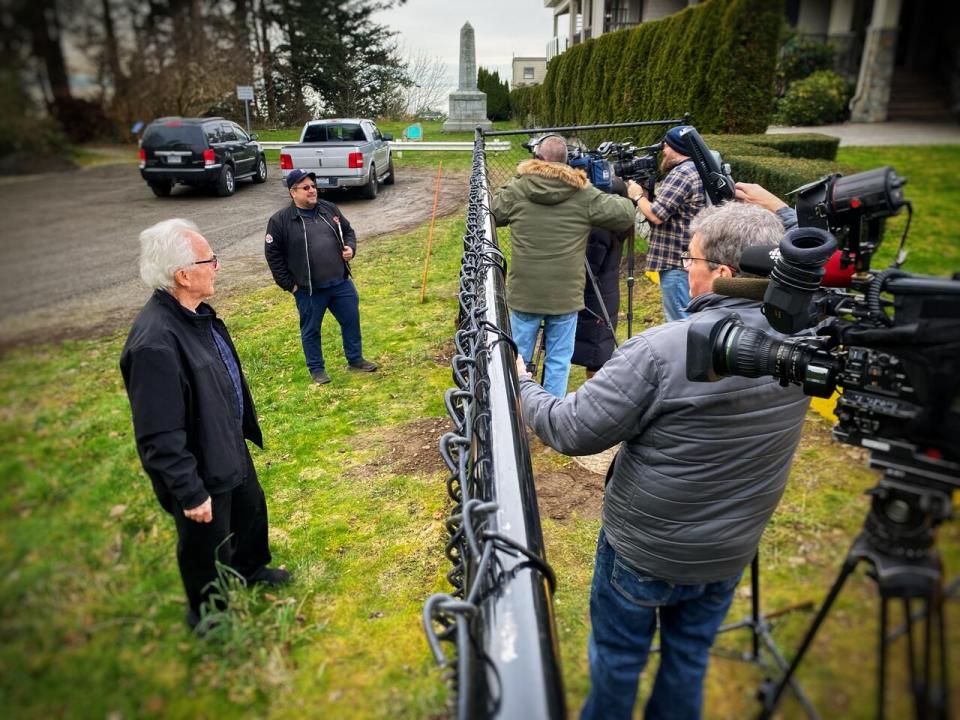 Journalists from Canadian News Outlets Interview Point Roberts, Washington, residents of a chain-link fence recently built near the US Canada border.