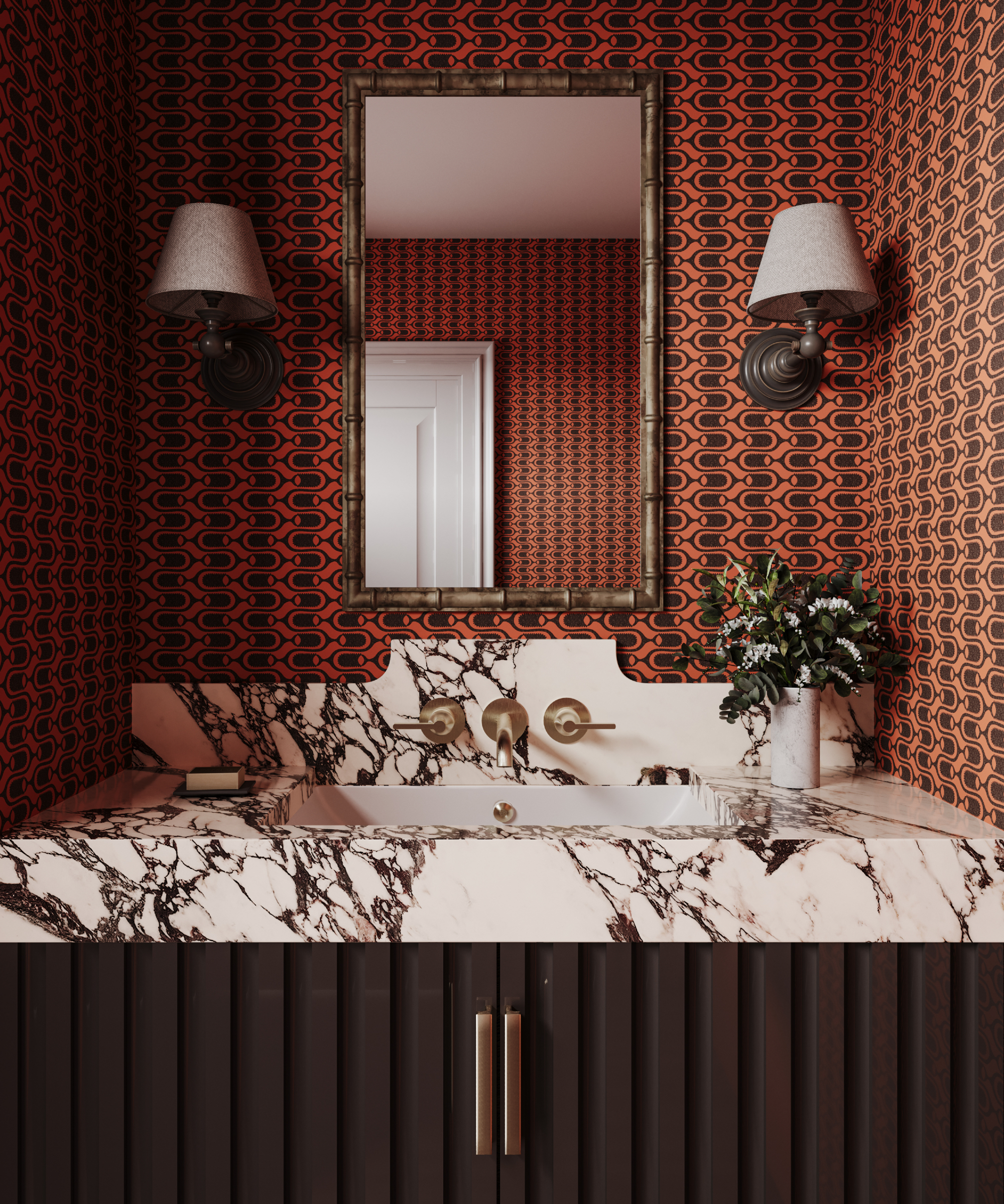 Bathroom with retro orange and black wallpaper, marble guidance, chocolate brown cupboards, mirrors, wall lights