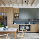 Life cycle house / Steffen Welsch Architects - interior photography, kitchen, wood, worktop, table, lighting, chair, shelves, shelves