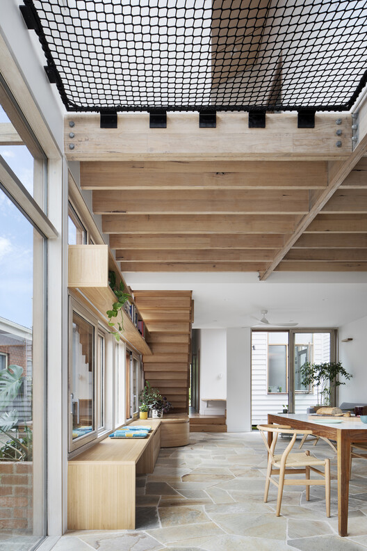 Life cycle house / Steffen Welsch Architects - interior photography, wood, beam, balcony