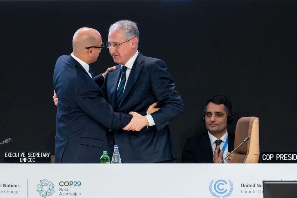 Executive secretary of the UNFCCC Simon Stell and Cop29 President Mukhtar Babayev on November 24, 2024 at COP29 plenary in Baku, Azerbaijan.