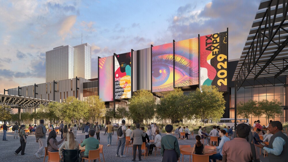 A rendering of the new Austin Convention Center shows a spacious outdoor place with people who gathered around tables. The building has a modern design with large digital screens with colorful graphics, including an eye and text that relate to technology and culture. The facade contains elegant metal and glass elements, with trees worrying green. On the right side, a partially covered seating area is visible, while a pedestrian bridge extends on the left. The sky is illuminated with warm sunset sites.