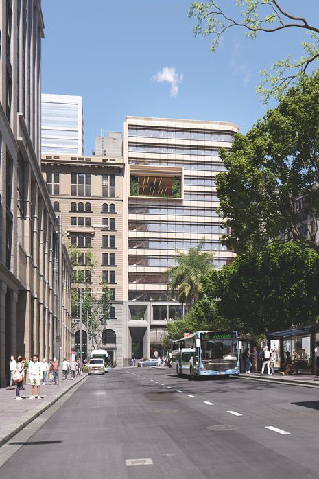 The facade is designed in such a way that it is sympathetic with the neighboring building, the former Bank of NSW.