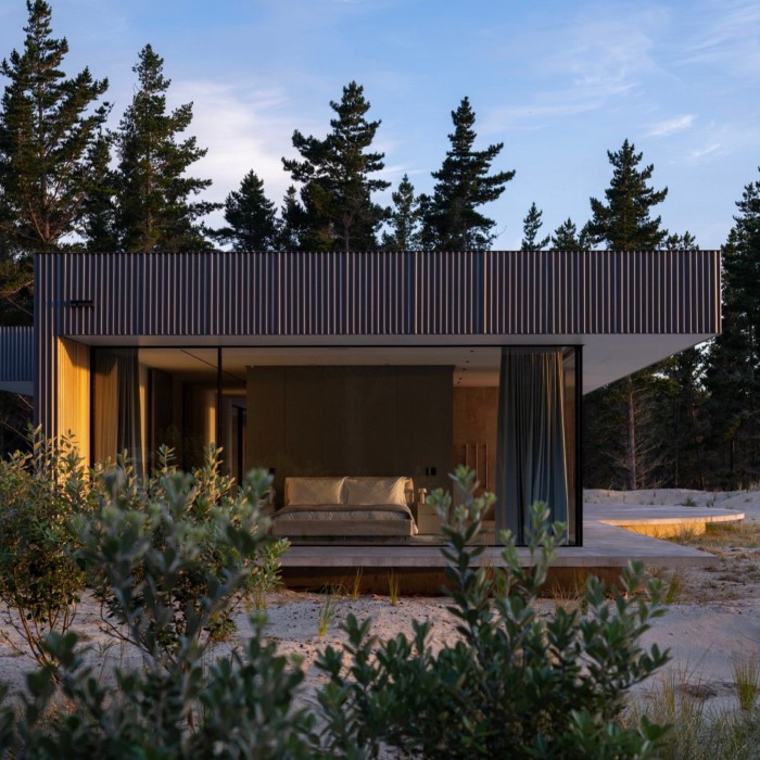 View from the outside in glass -coated bedroom