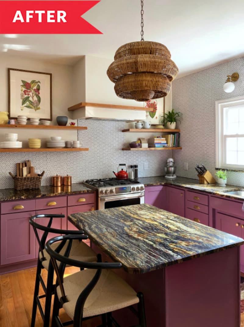Kitchen after renovation purple cabinets of woven lamp