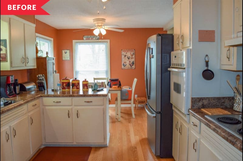 Before: kitchen with white cupboards and steamed orange walls
