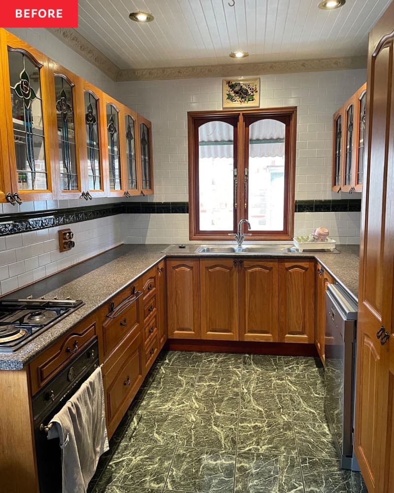 80s kitchen with wooden cabinets before the conversion