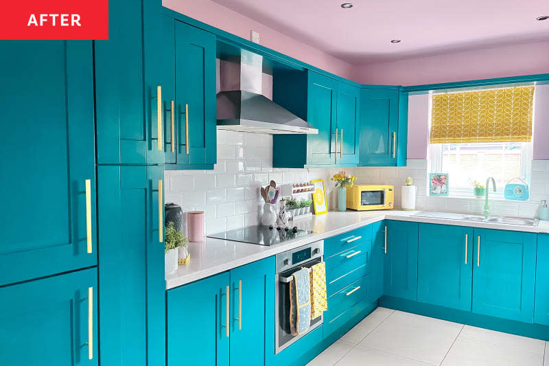 Kitchen after renovation/painting. Bright turquoise cupboards and drawers, pink ceiling, white meters, white U -Bahn -Backplash, bright brass/gold hardware, yellow and pink accents