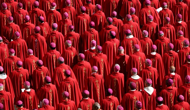 Topshot - Cardinals Syand during the funeral ceremony of the late Pope Francis at St. Peter's Square on April 26, 2025 (photo of Mandel Ngan / AFP) (photo of Mandel Ngan / AFP via Getty Images)