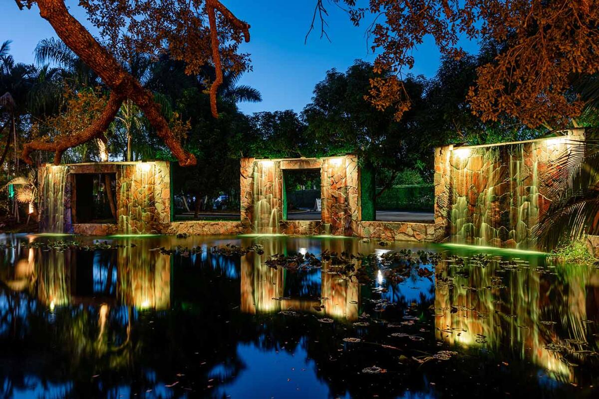 The ceremony and the lake shone at night.