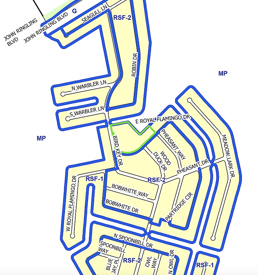 The 4.99-acre site of Bird Key Yacht Club is outlined in green. Bird Key Yacht Club Plan wins the confirmation of the planning authority