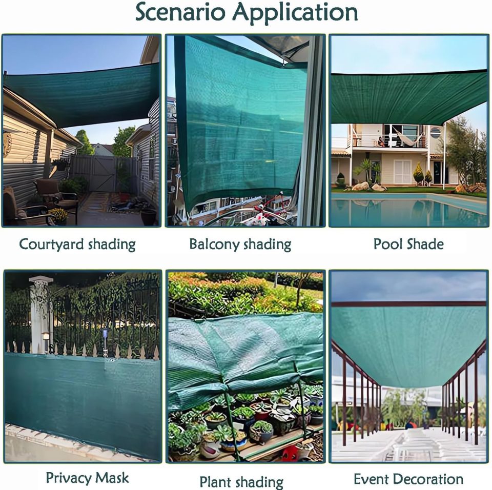 Collage shows various uses for a green shadow cloth: inner courtyard, balcony, pool, data protection screen, plant cover and event decoration.
