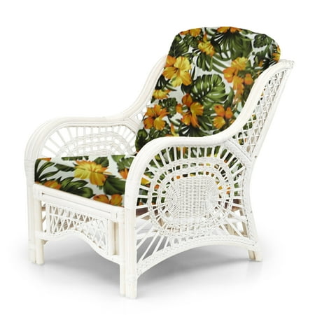 Malibu lounge armchair eco natural rattan wicker handmade design with flower pillows, white laundry