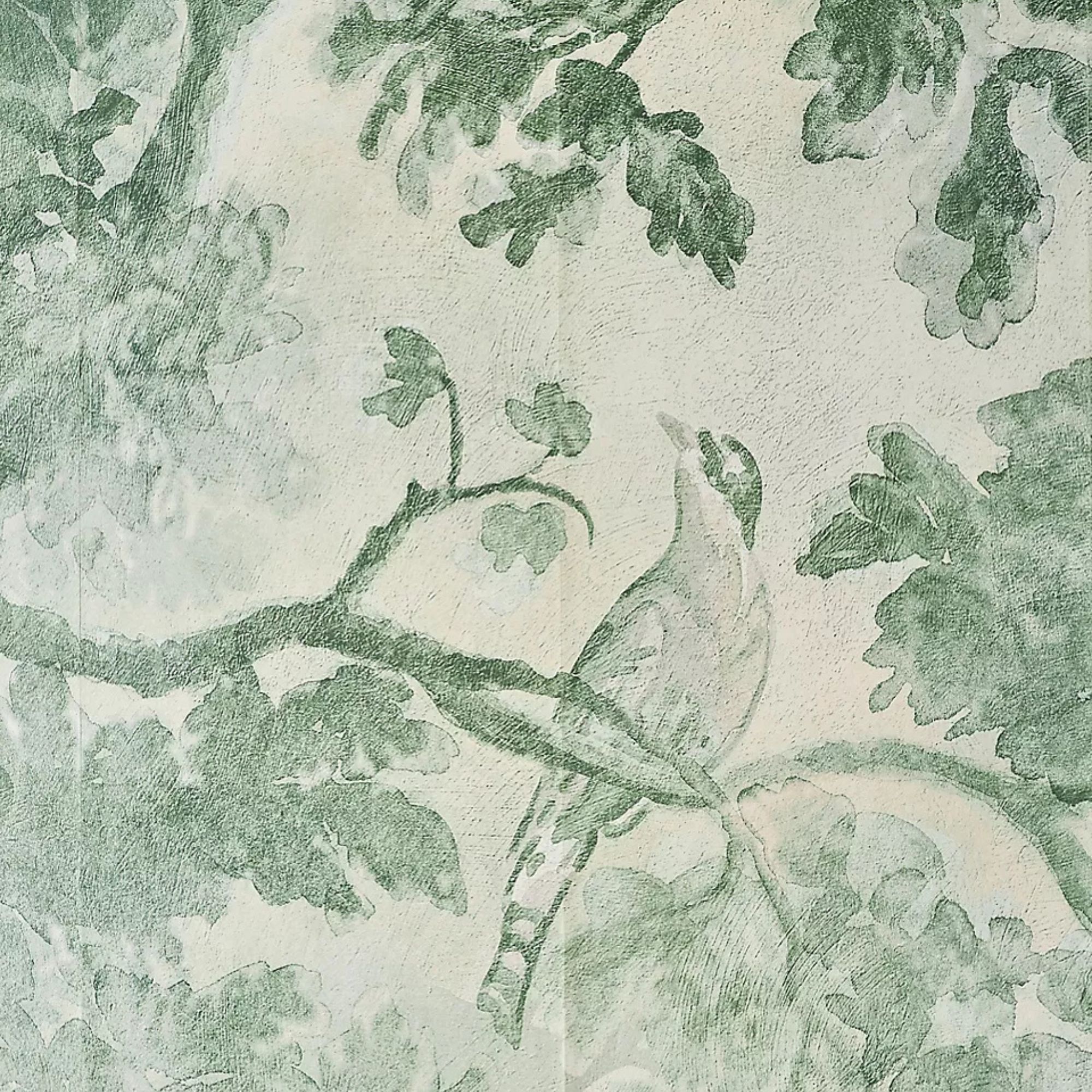 Green mural with bird and trees