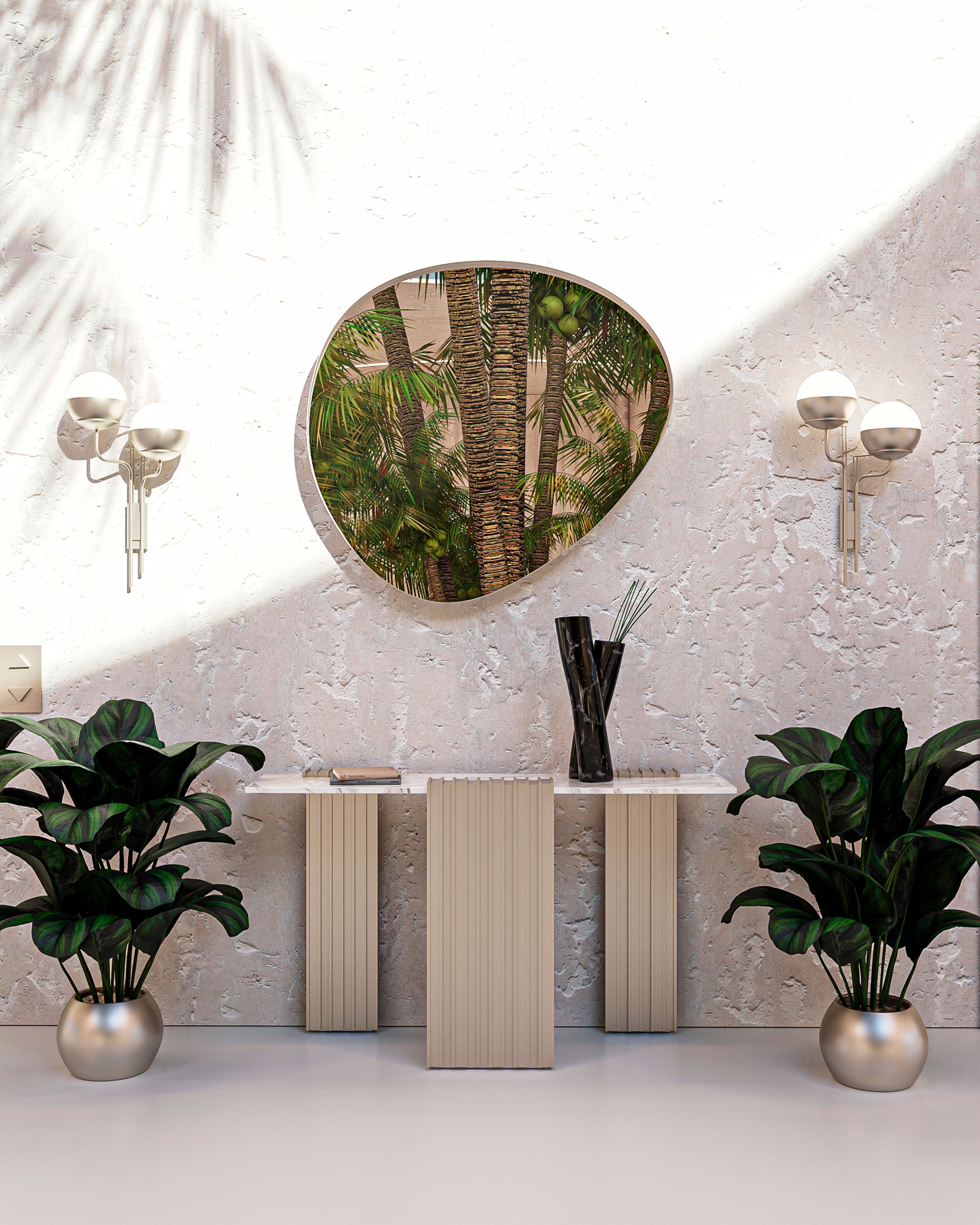 Interior garden with organically shaped garden mirror and console