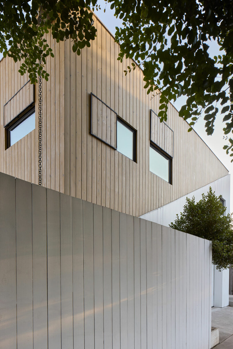 A modern building with light wood cladding and two rectangular windows, partly covered by a high white fence and stems at the top.