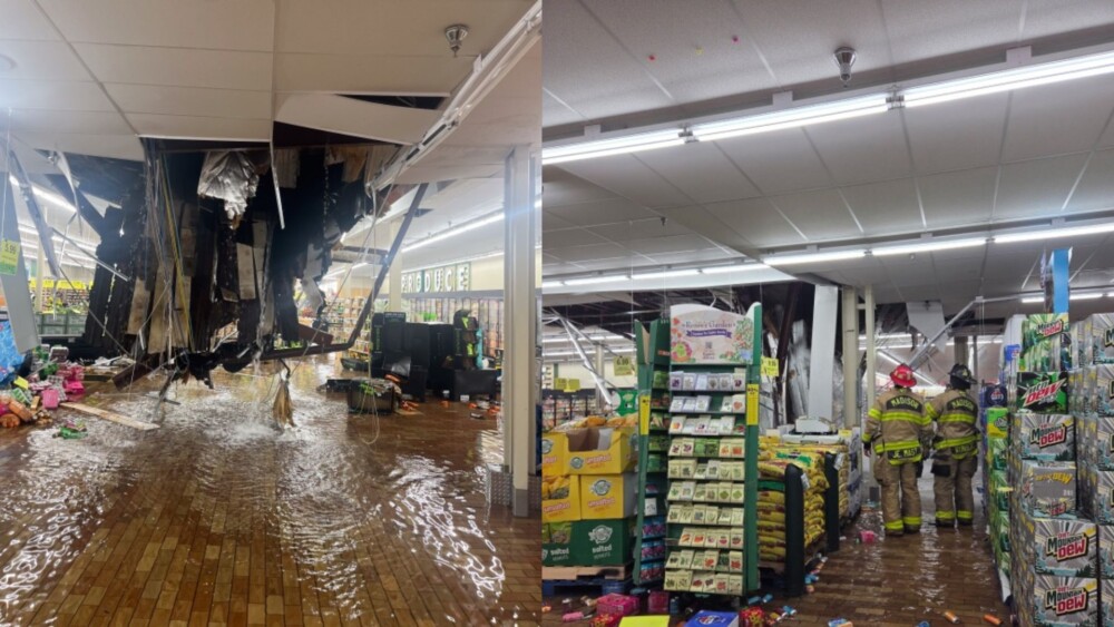 Accumulated rainwater causes a collapse of roof at Madison Woodman's