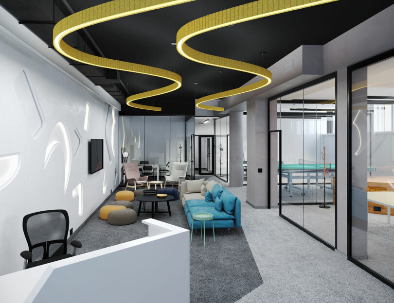 Modern Office Lounge with colorful seating, reception, unique ceiling lights and with glass change in the background changed meeting rooms.
