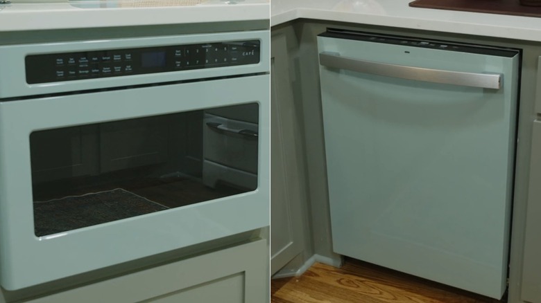 Split pictures of vinyl microwave and dishwasher