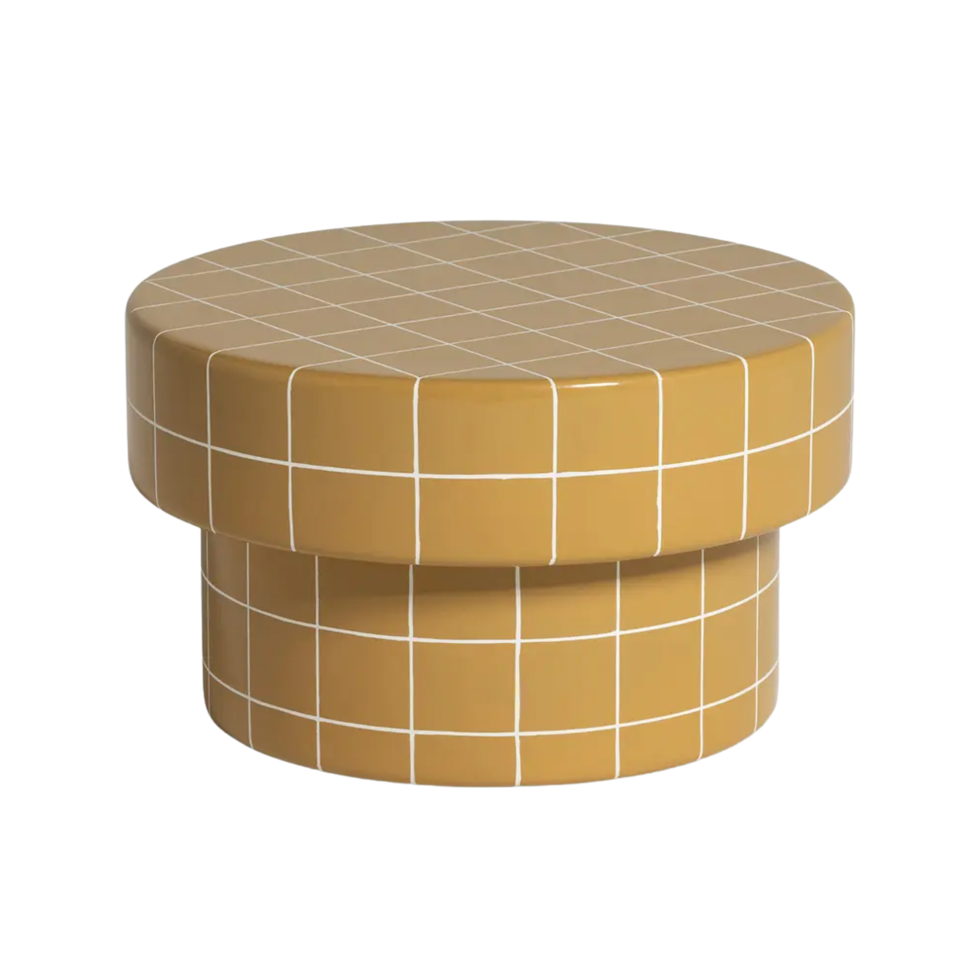 A short side table made of orange tiles with a white grout 