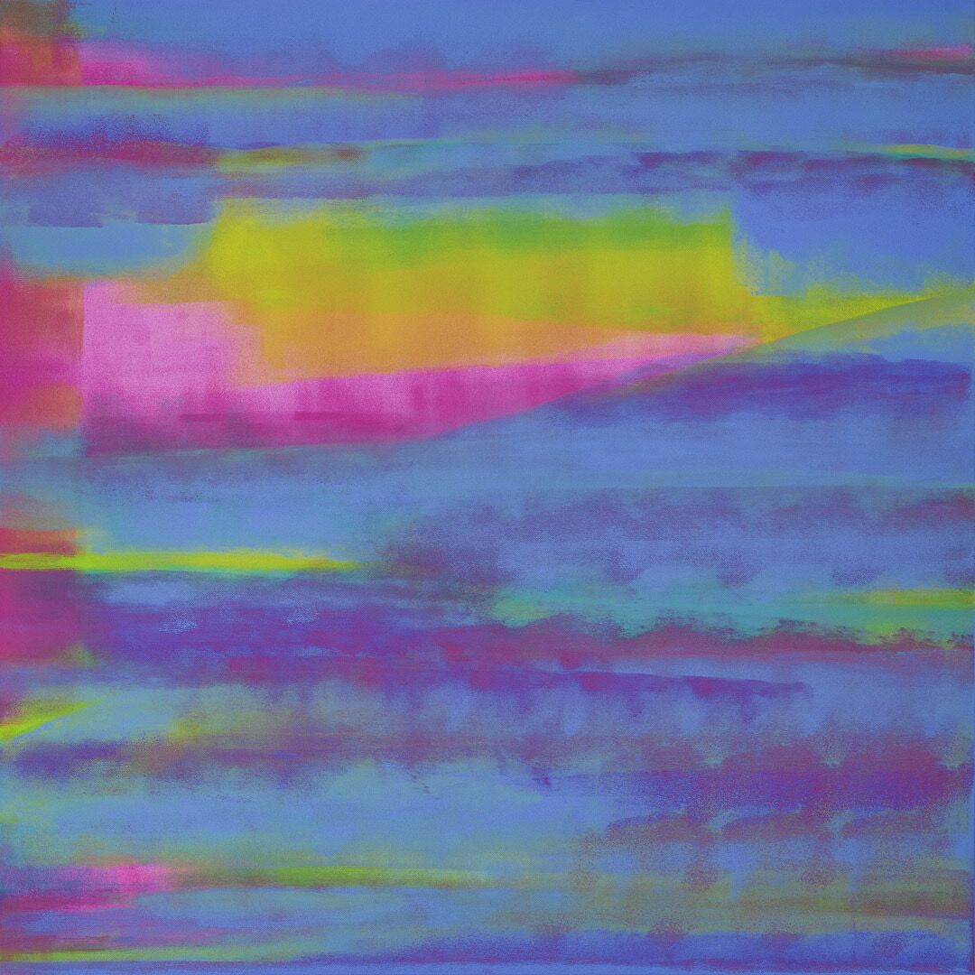 A contemporary painting of pink, green, blue and purple