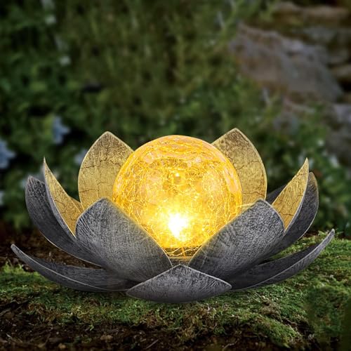 Garden sunlight outdoors (2pack), Bernstein Crackle Globe Glass Lotus Decoration, waterproof Gary Metal -Led flower lights for terrace, lawn, sidewalk, table top, garden gifts for women