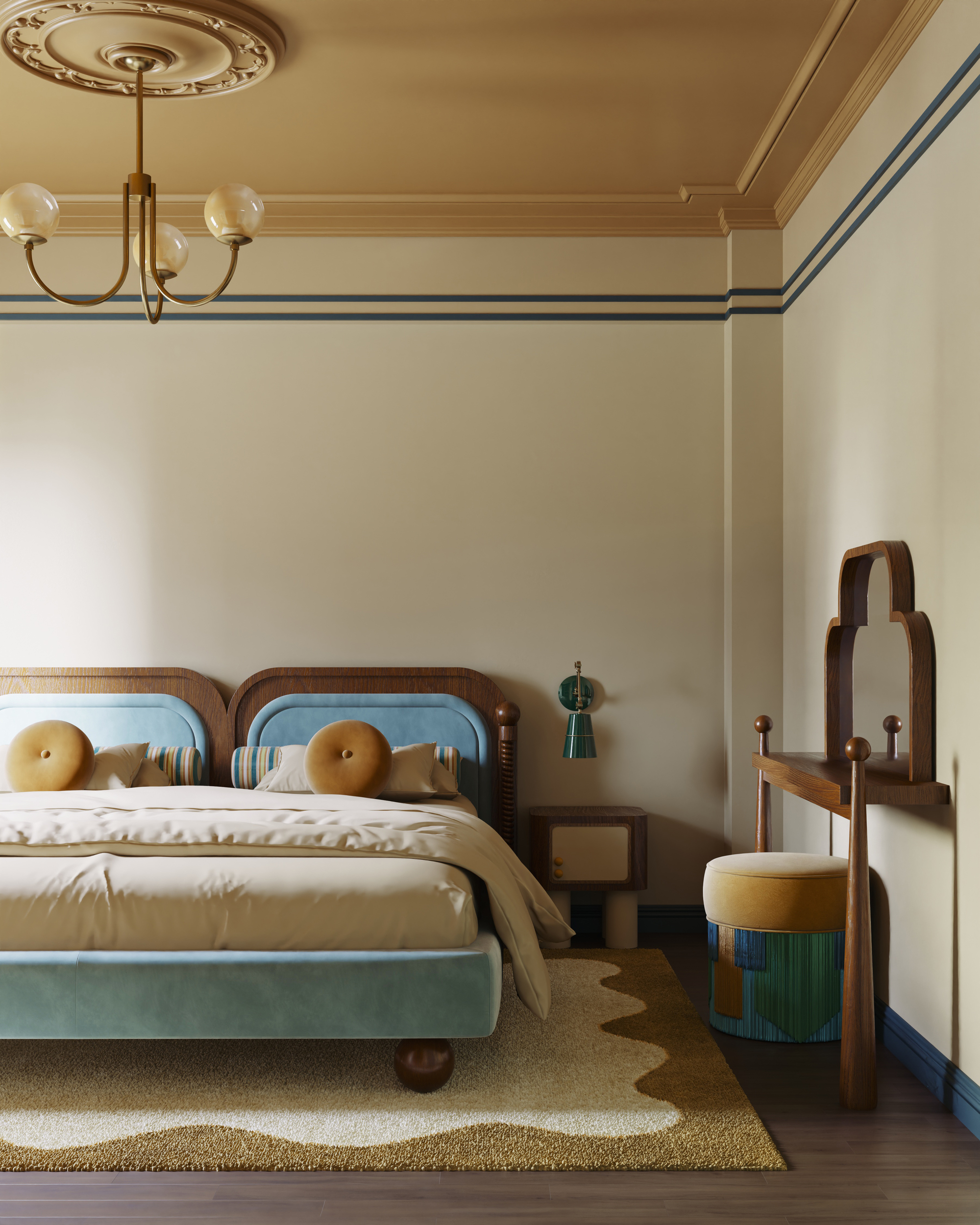 In the middle of the century Modern bedroom with yellow ceiling, painted striped details around the ceiling, ceiling trailer, blue, brown and cream bed with buns feet, patterned carpet with squiggle border, vanity unit with Ottoman