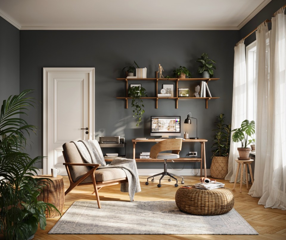 This digitally rendered home office has a minimalist wooden desk setup with a cozy reading corner, stylish furniture and natural decor. Perfect for remote labor inspiration and interior design.