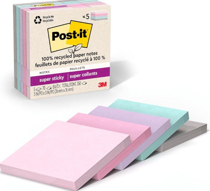 A pack with 5 post-it-super sticky notes in pastel-colored pink, purple, blue, green and gray-stammer made of 100% recycled paper. These environmentally friendly supplies are recaptured by 3M and perfectly back for the school organization.