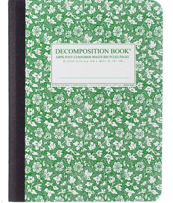 A green -white decomposition book with a black spine. The cover has a flower and bird pattern that is perfect for school and those who are looking for environmentally friendly deliveries with 100% pages recycled for the consumer.