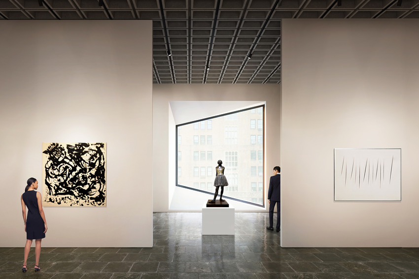 Art gallery interior with two people who look at paintings and exhibited a sculpture.